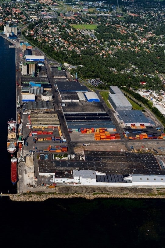 Ahus shipping port in Sweden from bird's eye view